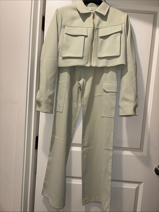 Pants - Sage Set Cropped Jacket and High-Waist Wide-Leg Cargo Pants